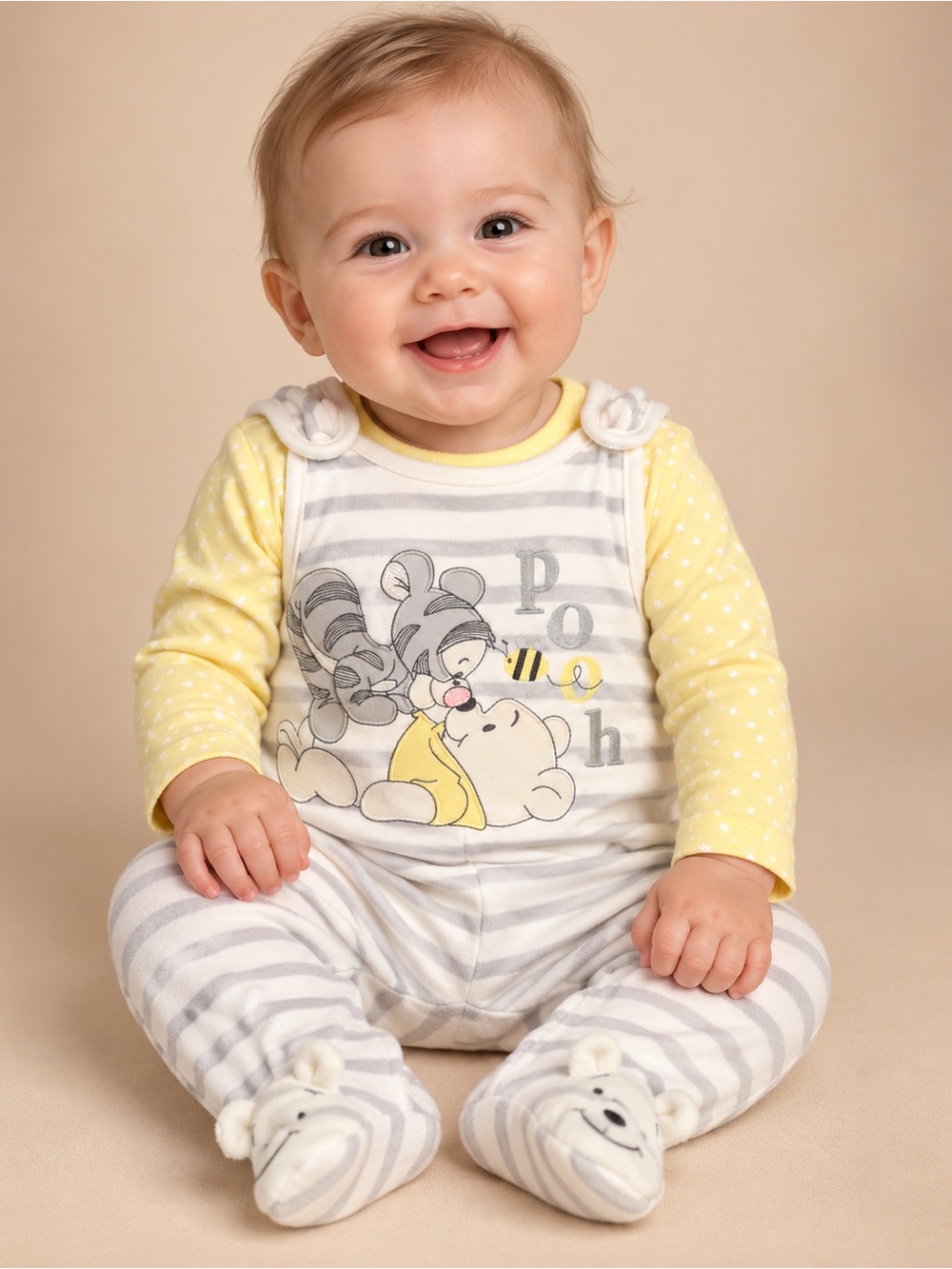 Disney Yellow and Gray Striped Pooh Footed One-Piece